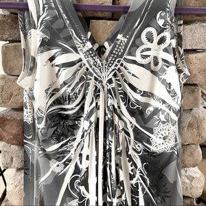 BOSTON PROPER Gray & White Sleeveless Vneck Dress